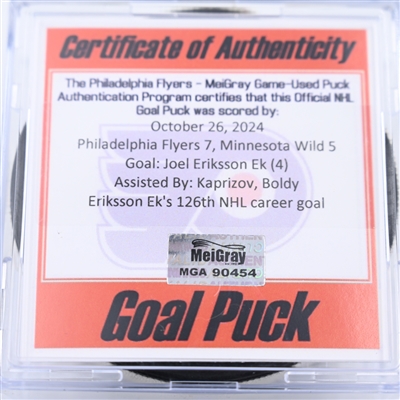 Joel Eriksson Ek - Minnesota Wild - Goal Puck - October 26, 2024 vs. Philadelphia Flyers (Flyers Logo)